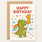1st Birthday Card – Dinosaur T-Rex & Rainbow Card - Greeting Card